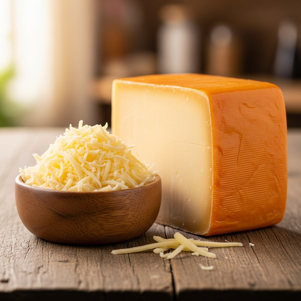 Small bowl of grated gouda next to a block of gouda cheese.