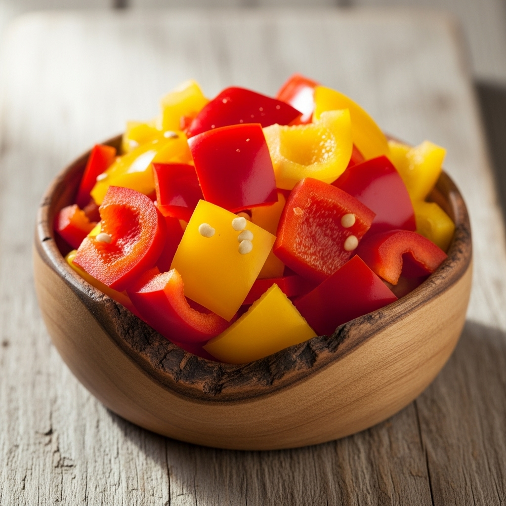 Sliced red and yellow paprika arranged in a small bowl.