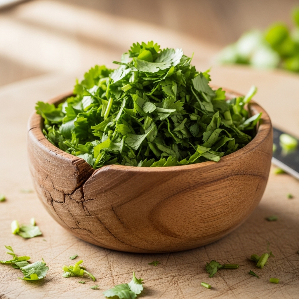 Freshly chopped cilantro leaves arranged in a small bowl