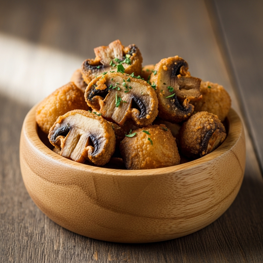 Sliced fried mushrooms arranged in a small bowl