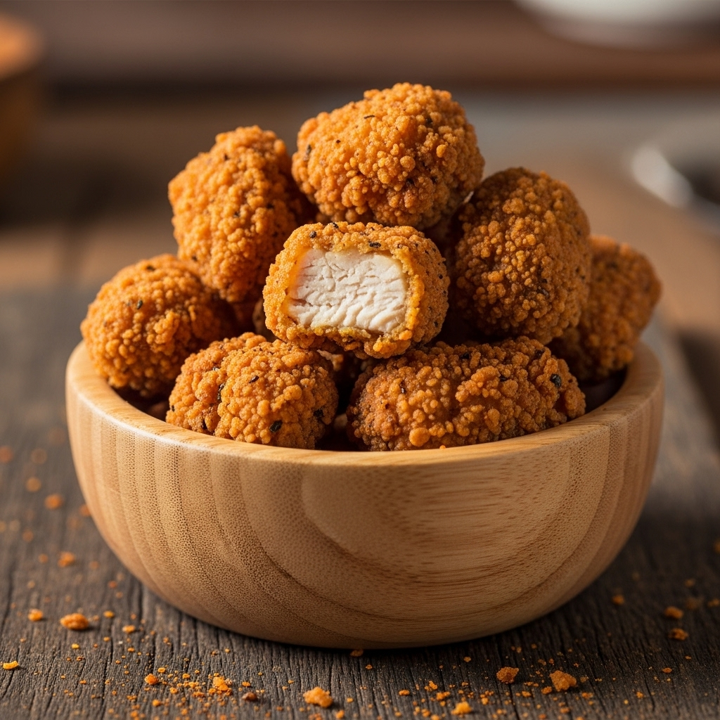 Crispy vegan chicken nuggets arranged in a small wooden bowl.