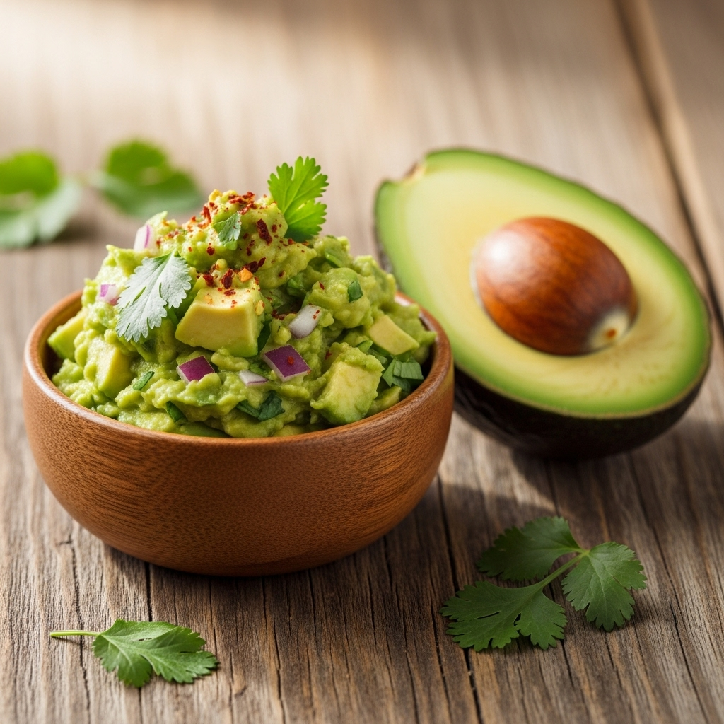 Bowl of creamy guacamole topped with fresh cilantro.