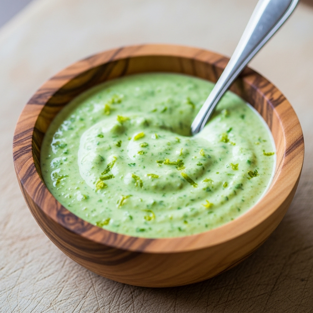 Small bowl filled with creamy cilantro lime sauce garnished with fresh cilantro leaves.