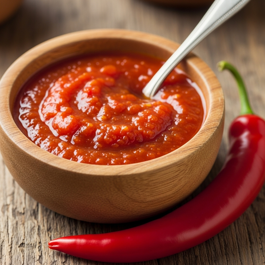 Bowl of Schmacko Signature sauce with vibrant red color.