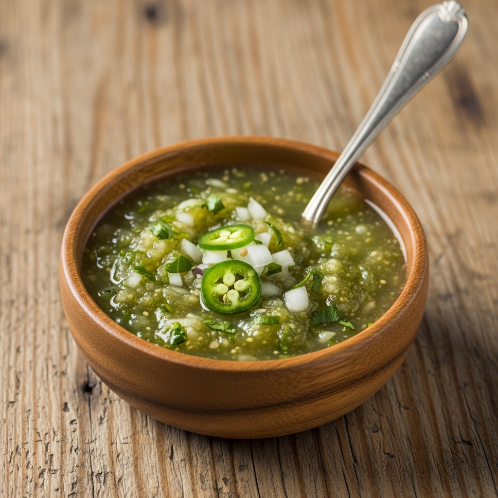 Bowl of vibrant green salsa verde garnished with fresh herbs.