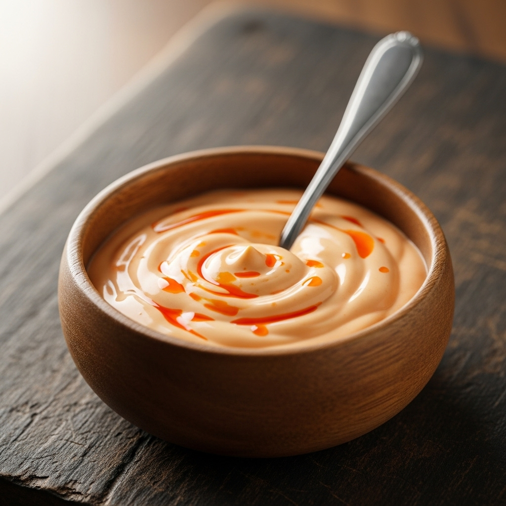 Bowl of creamy orange siracha mayo sauce garnished with herbs.