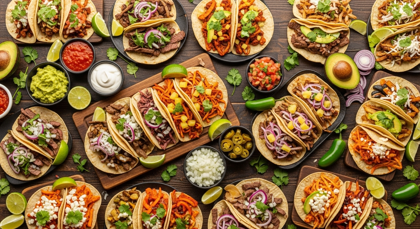 Top shot of a table filled to the brim with different kinds of tacos, garnished with fresh ingredients and different saunces.